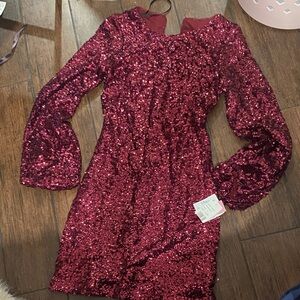 Aqua Long Sleeve Sequin Dress in Deep Pink